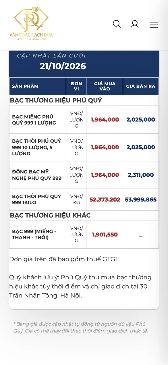 Giá bạc trên điện thoại