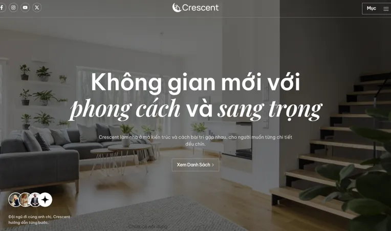 Crescent real estate landing page hero: a bright living room with the headline New spaces with style and elegance