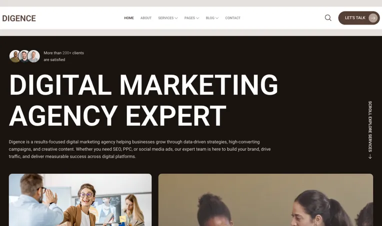 Digence marketing agency landing page hero: large headline on a dark brown background and a team at work