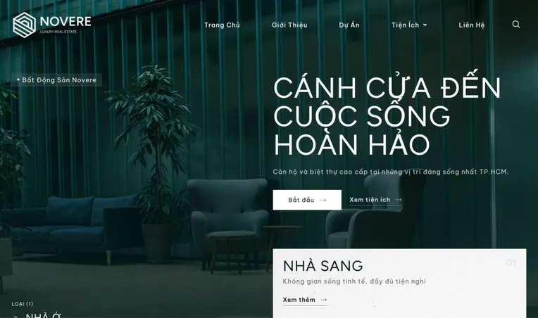 Novere real estate landing page hero: A gateway to perfect living headline over a green lobby
