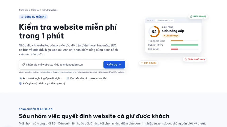 Công cụ kiểm tra website miễn phí của 123Website