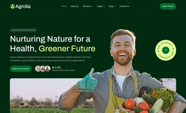 Mẫu website nông nghiệp Agrolia, trang chủ giới thiệu nông sản sạch
