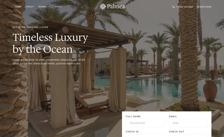 Mẫu website khách sạn, resort Palmea: ảnh hồ bơi và form đặt phòng ngay trang chủ