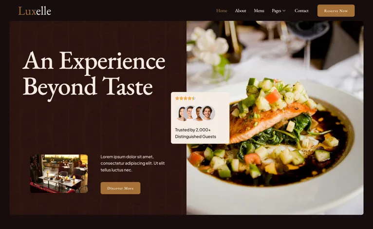 Mẫu website nhà hàng Luxelle: ảnh món ăn lớn và nút đặt bàn