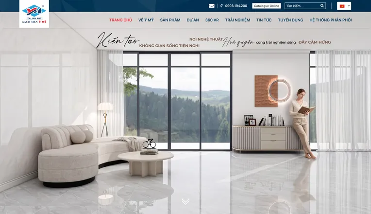 Website Gạch men Ý Mỹ do 123Website thực hiện, trang chủ với phòng khách lát gạch