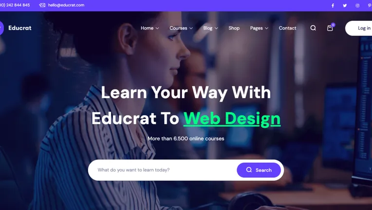 Mẫu website giáo dục Educrat: trang chủ khoá học online có ô tìm khoá học