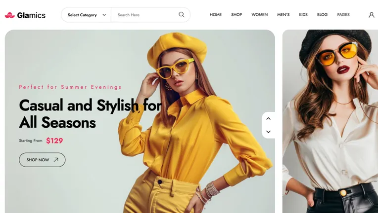 Mẫu website thời trang Glamics: banner bộ sưu tập, thanh tìm sản phẩm theo danh mục