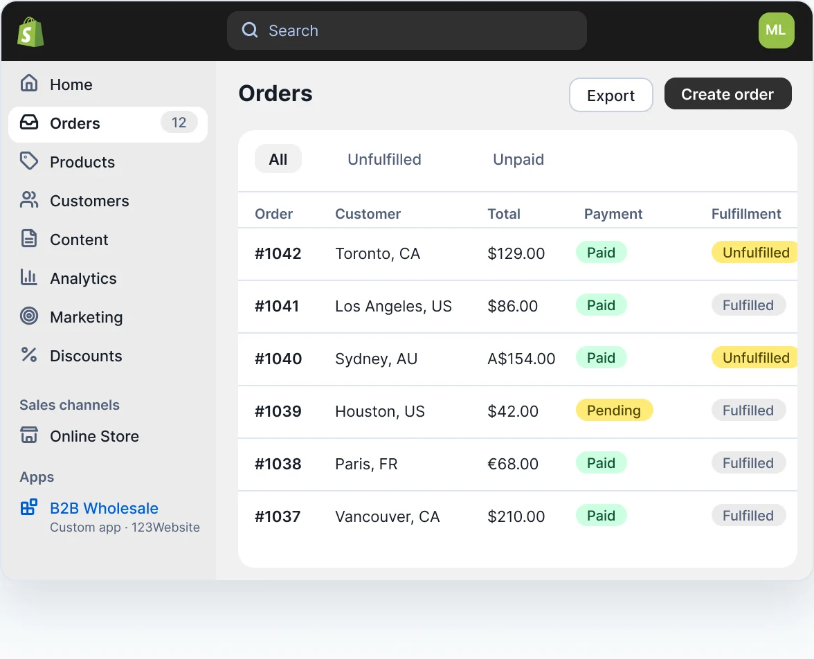 Shopify admin mockup: orders from Toronto, Los Angeles and Sydney with payment status, and a custom B2B wholesale app in the menu