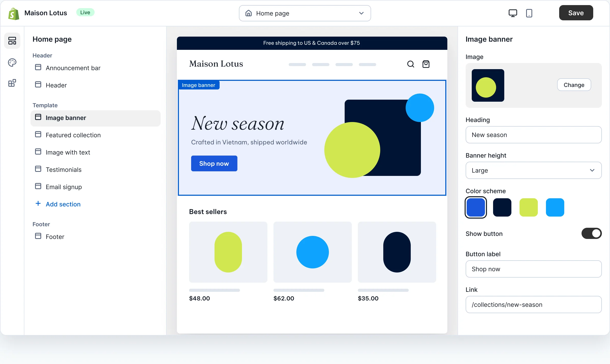 Shopify theme editor mockup: section list on the left, the store in the middle with a banner selected, settings for heading, height and color palette on the right