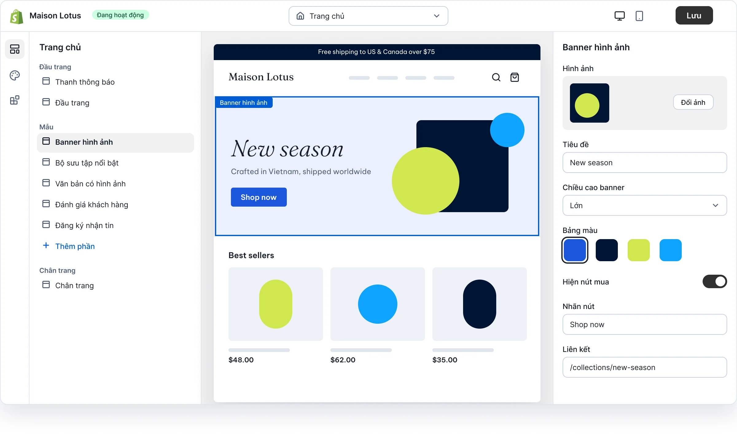Mô phỏng trình chỉnh sửa theme Shopify: danh sách section bên trái, cửa hàng ở giữa với banner đang được chọn, bảng cài đặt tiêu đề, chiều cao, bảng màu bên phải