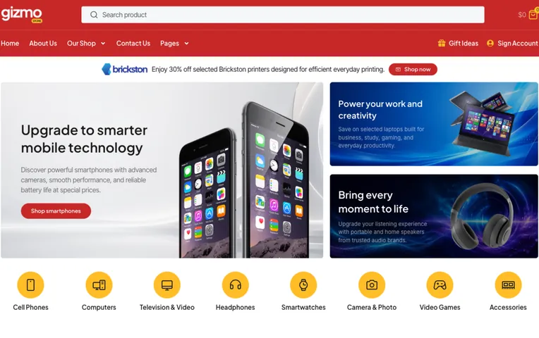 Gizmo Store electronics website template, with product search, cart and categories on the homepage