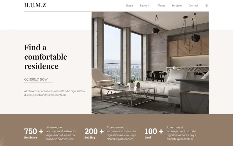 H.U.M.Z real estate website template, with apartment imagery and project figures on the homepage