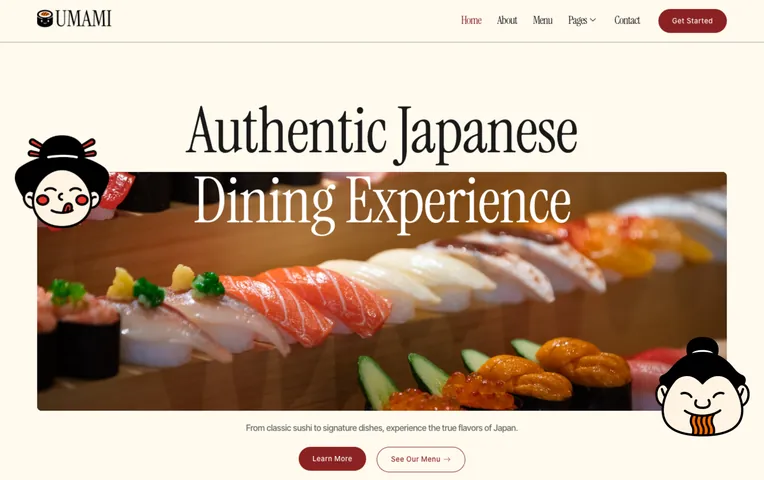 Umami Japanese restaurant website template, with sushi imagery and a menu button on the homepage