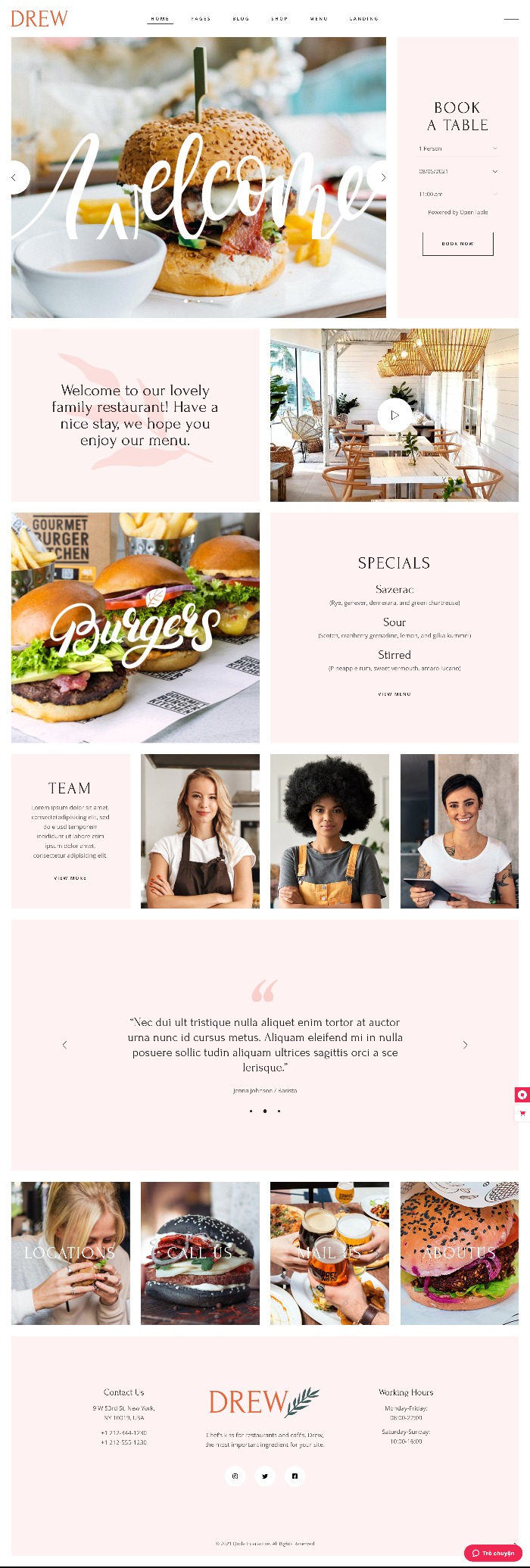Mẫu Website Nhà Hàng Drew Burger Restaurant