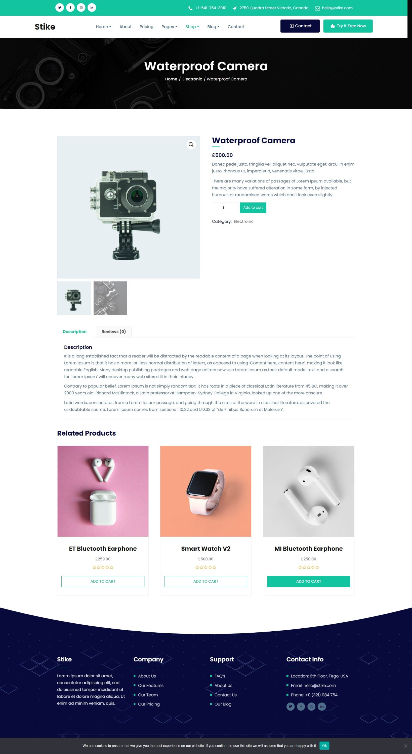 Mẫu website bán hàng công nghệ - stike waterproof camera
