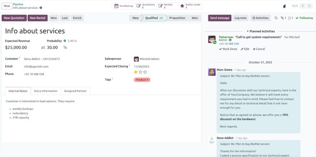 Giao diện Pipeline trưc quan của Odoo CRM 