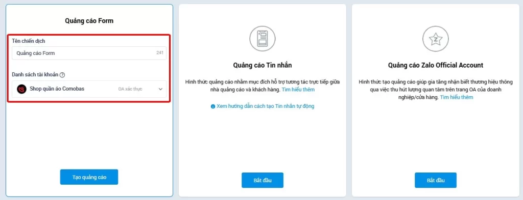đặt tên chiến dịch zalo form