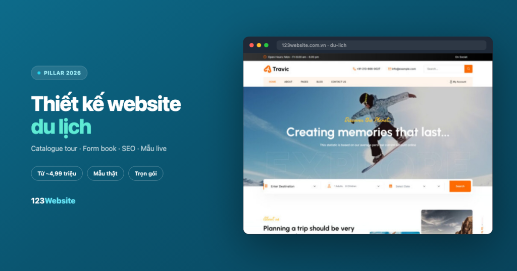 Thiết kế website du lịch 2026 — catalogue tour, form book, mẫu live