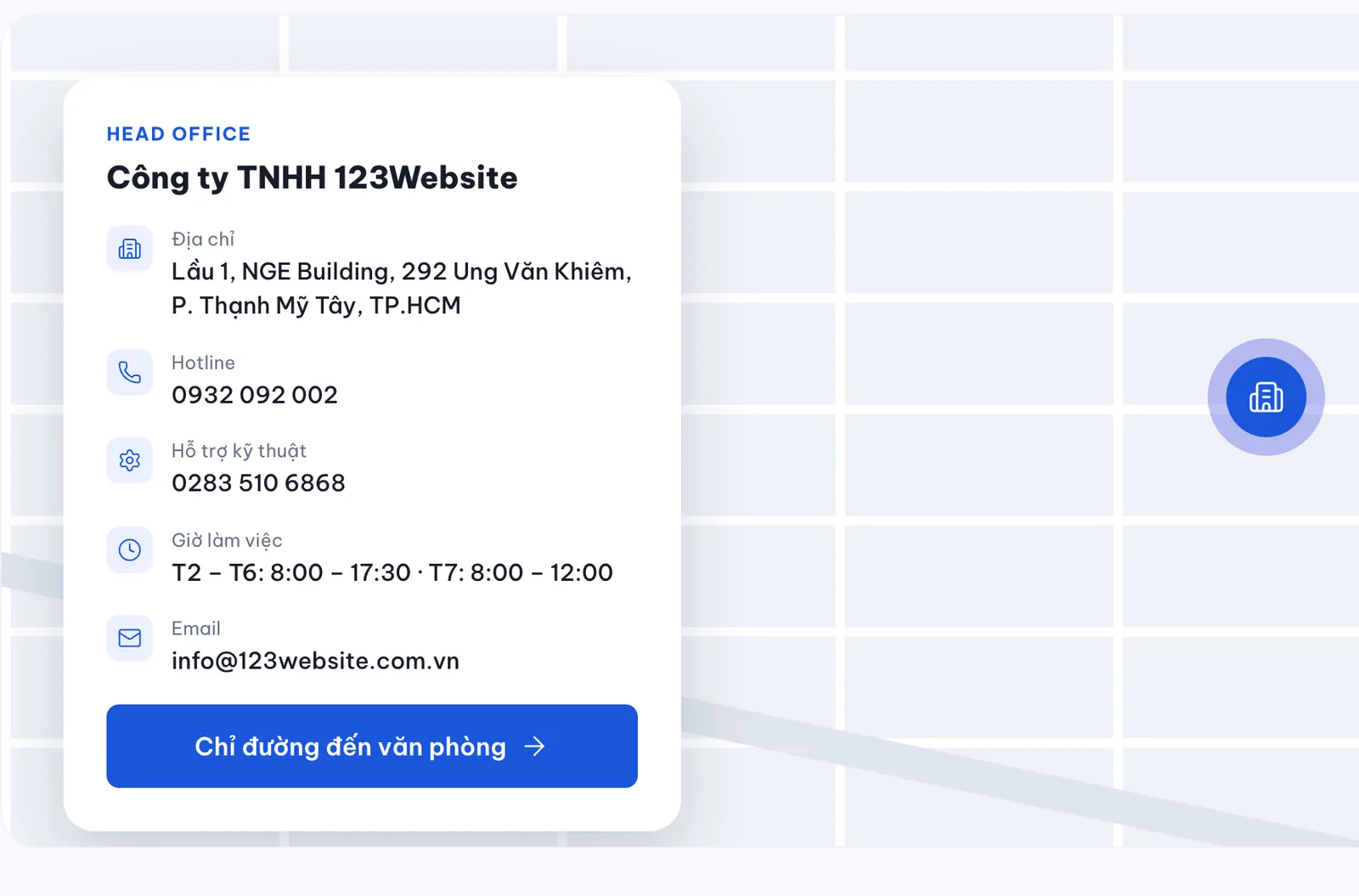Khối văn phòng trên trang liên hệ 123Website: tên công ty, địa chỉ 292 Ung Văn Khiêm, hotline, giờ làm việc