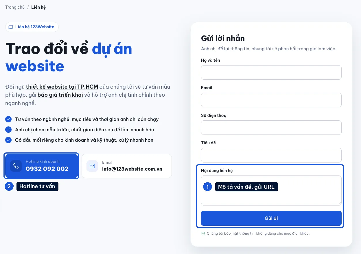 Form liên hệ 123Website có ô nội dung để gửi URL và vấn đề