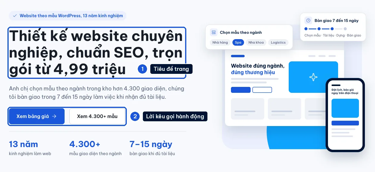 Tiêu đề và nút kêu gọi hành động trên trang dịch vụ 123Website