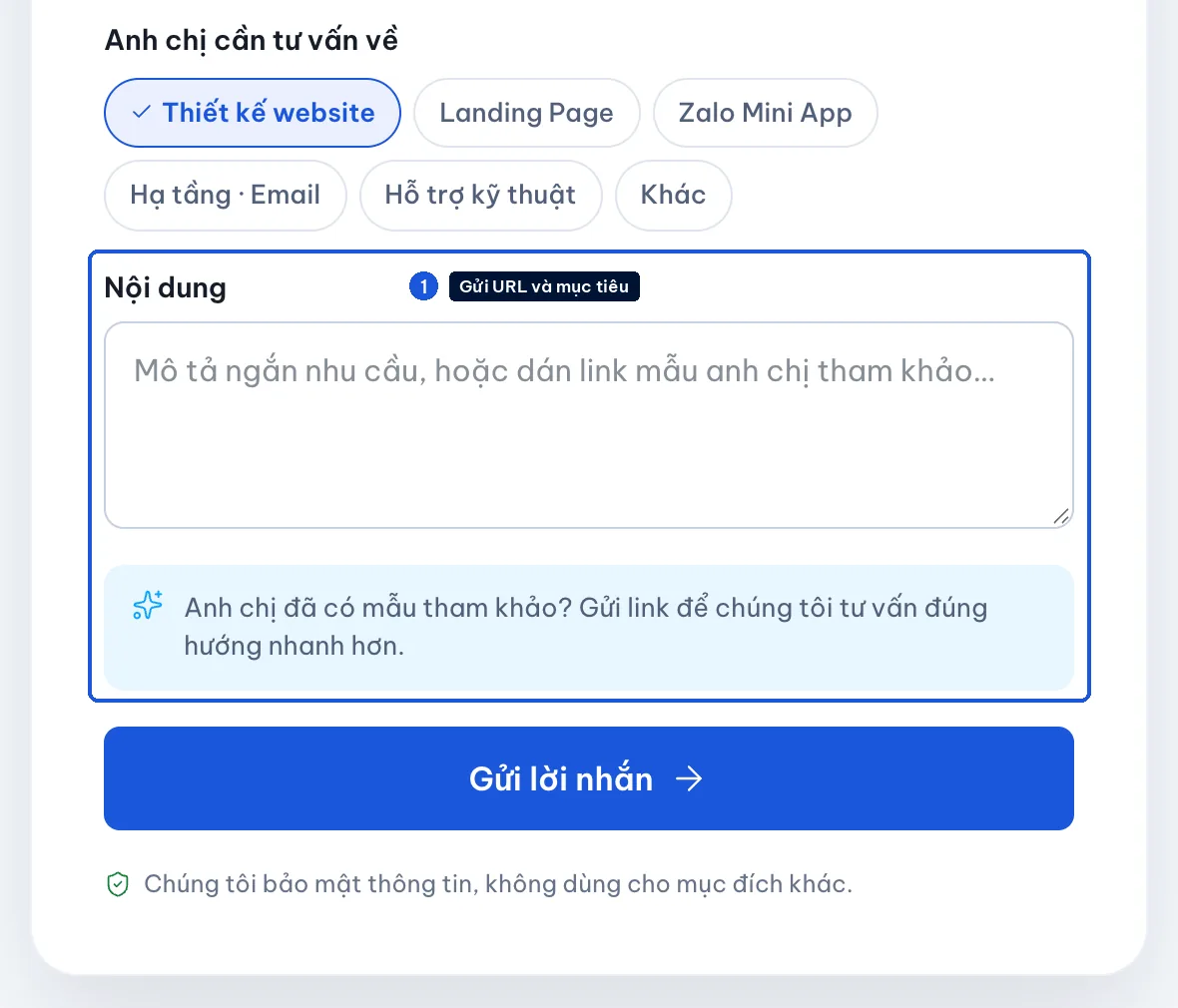 Ô nội dung trong form liên hệ 123Website để gửi link và nhu cầu