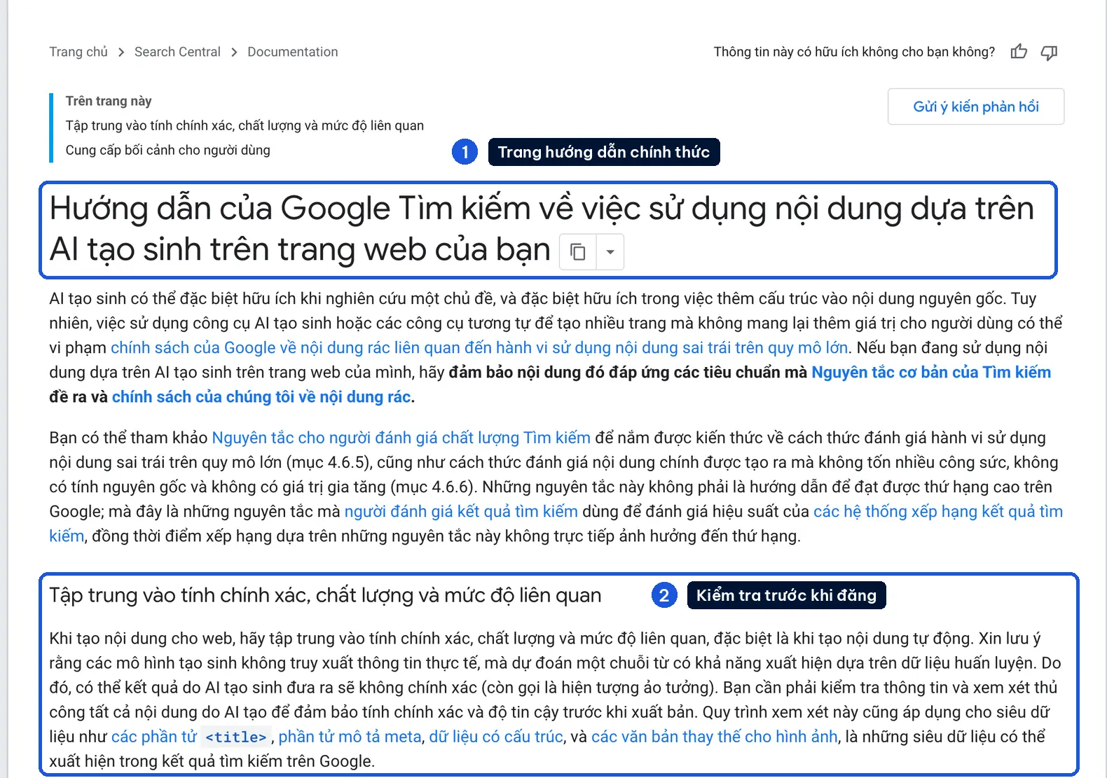 Trang hướng dẫn của Google về nội dung do AI tạo sinh