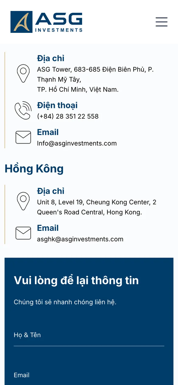 Website ASG Investments - Liên hệ trên điện thoại