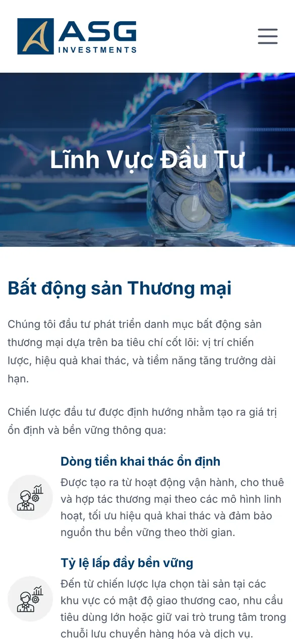 Website ASG Investments - Lĩnh vực đầu tư trên điện thoại