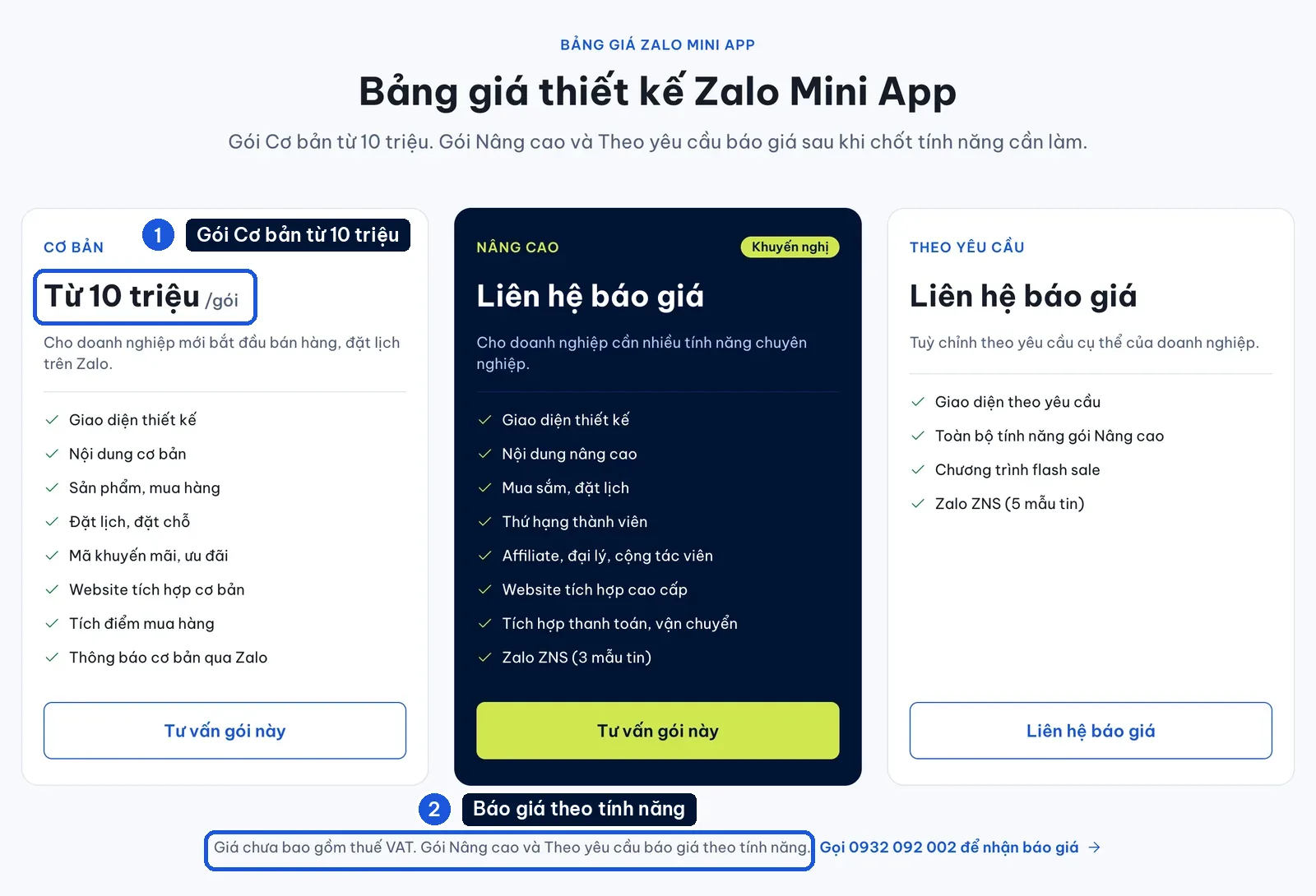 123Website Zalo Mini App pricing: Basic plan from VND 10 million, Advanced plan quoted by the features you need