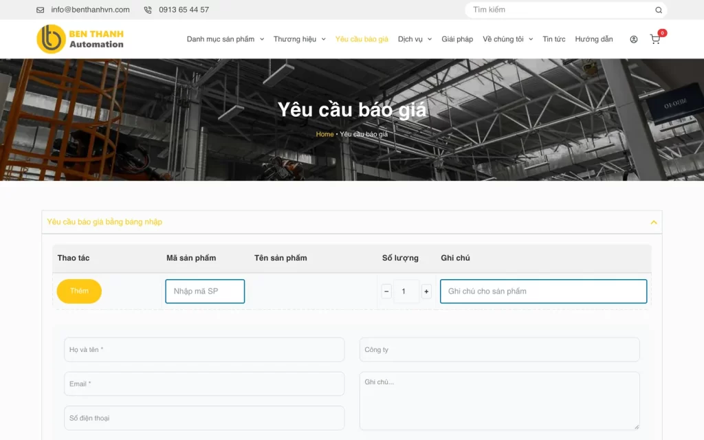 Website Bến Thành Automation - Yêu cầu báo giá