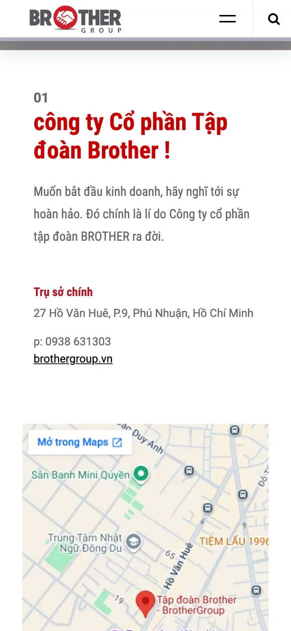 Website Brother Group - Liên hệ trên điện thoại