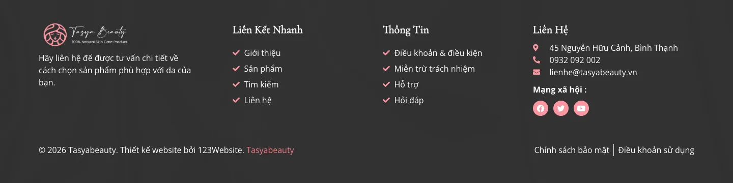 Chân trang mẫu website mỹ phẩm Tasya với liên hệ và chính sách