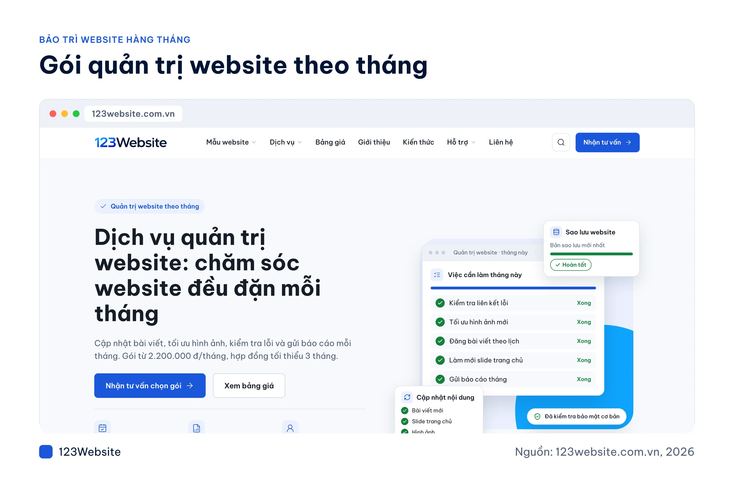 Ảnh chụp trang gói dịch vụ quản trị website hàng tháng của 123Website
