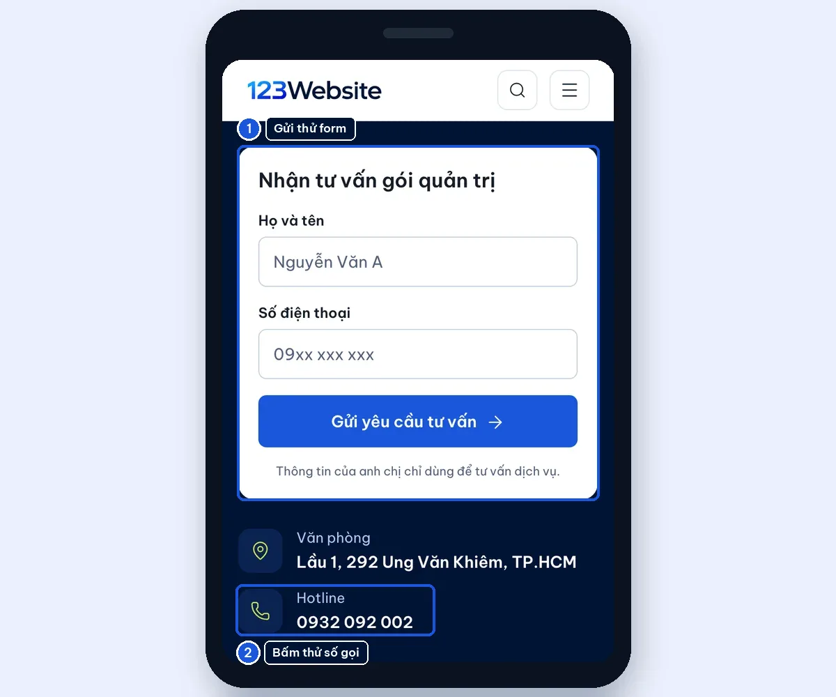 Form liên hệ và hotline trên website xem bằng điện thoại khi bảo trì