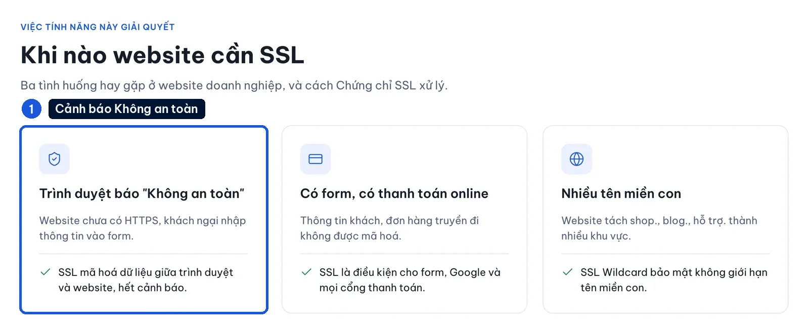 Trang bảng phí SSL nêu tình huống trình duyệt báo website không an toàn