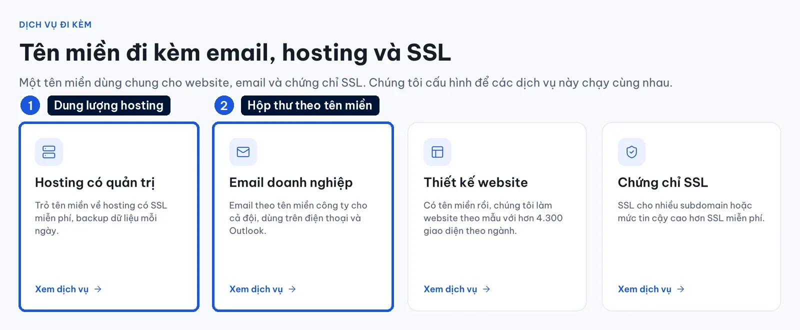 Khối dịch vụ hosting có quản trị và email doanh nghiệp đi kèm tên miền