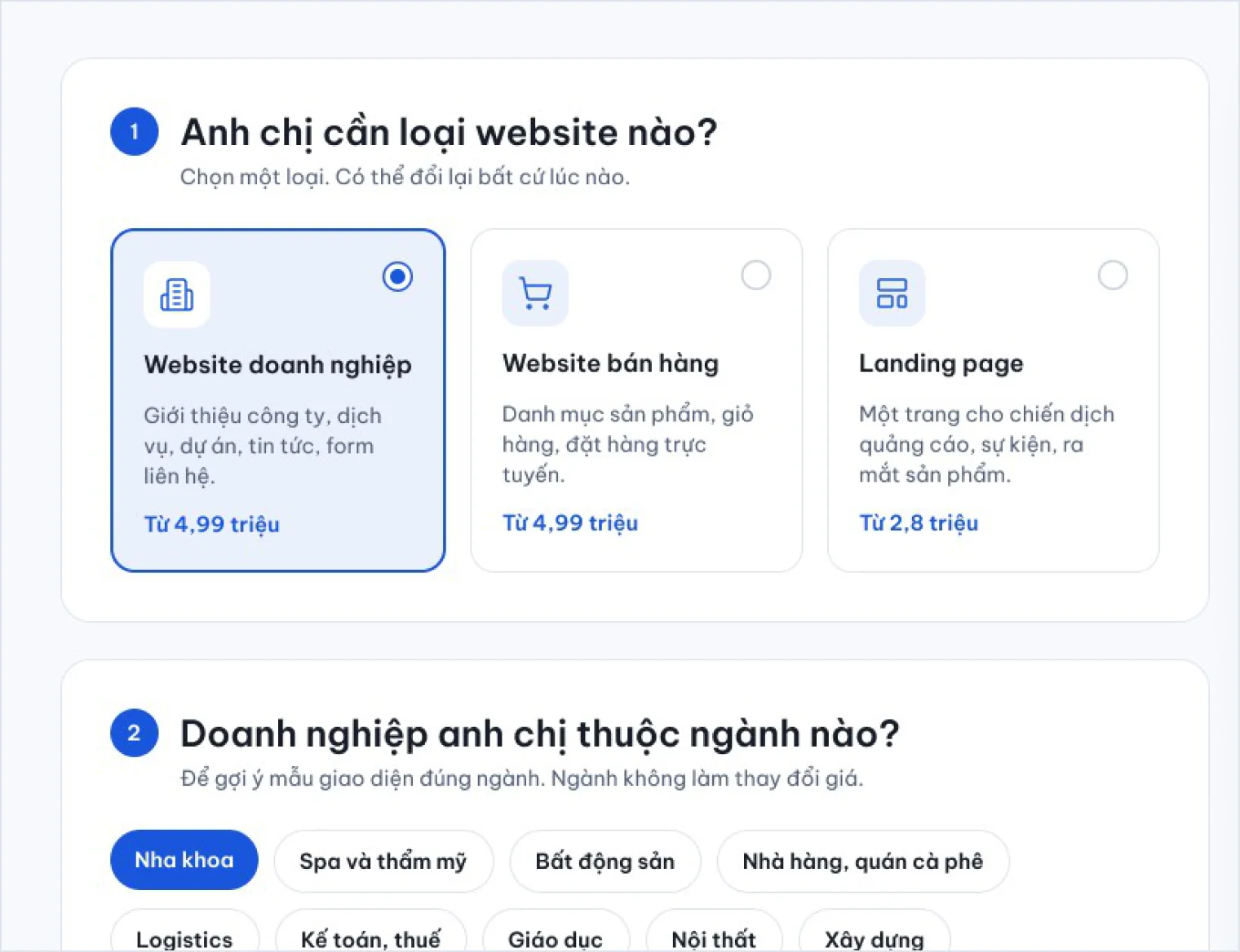Công cụ tính chi phí website bán hàng của 123Website