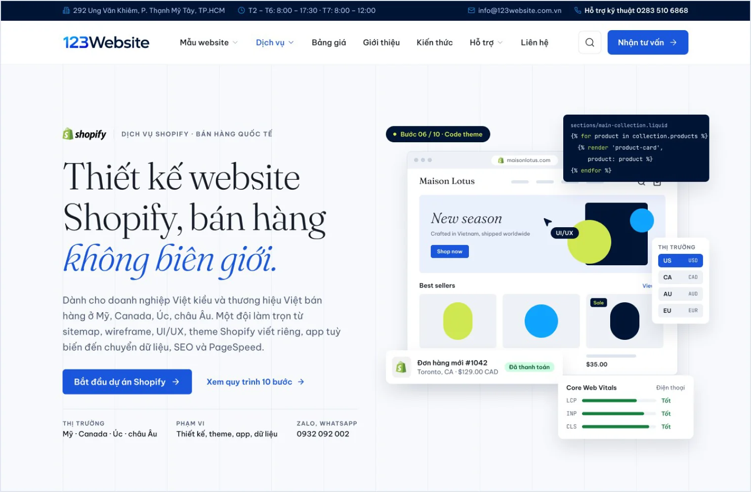 Trang dịch vụ thiết kế website Shopify của 123Website