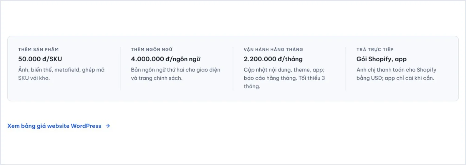 Phần chi phí gồm ba phần trên trang thiết kế website Shopify của 123Website