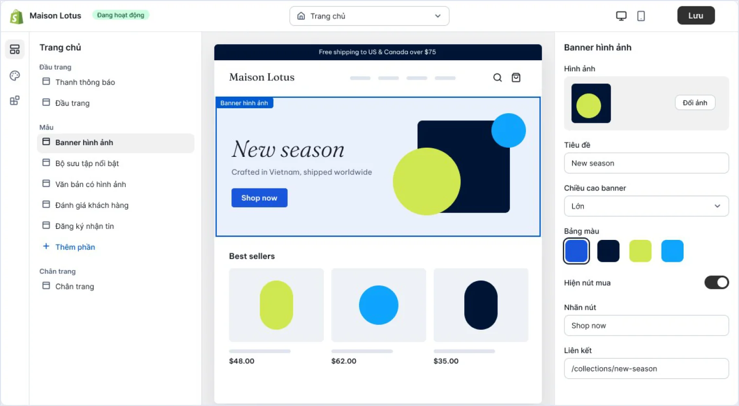 Theme editor của Shopify trên trang thiết kế website Shopify của 123Website
