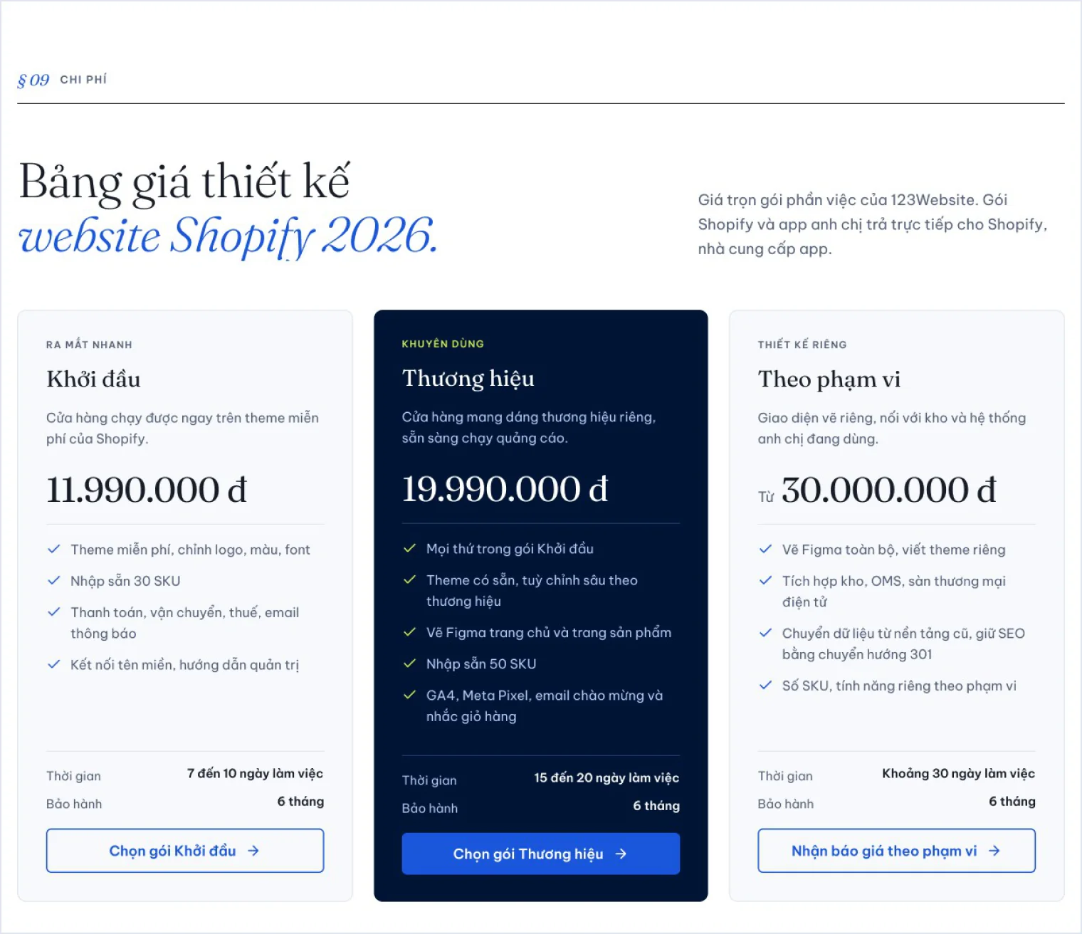 Bảng giá ba gói thiết kế website Shopify trên trang dịch vụ của 123Website