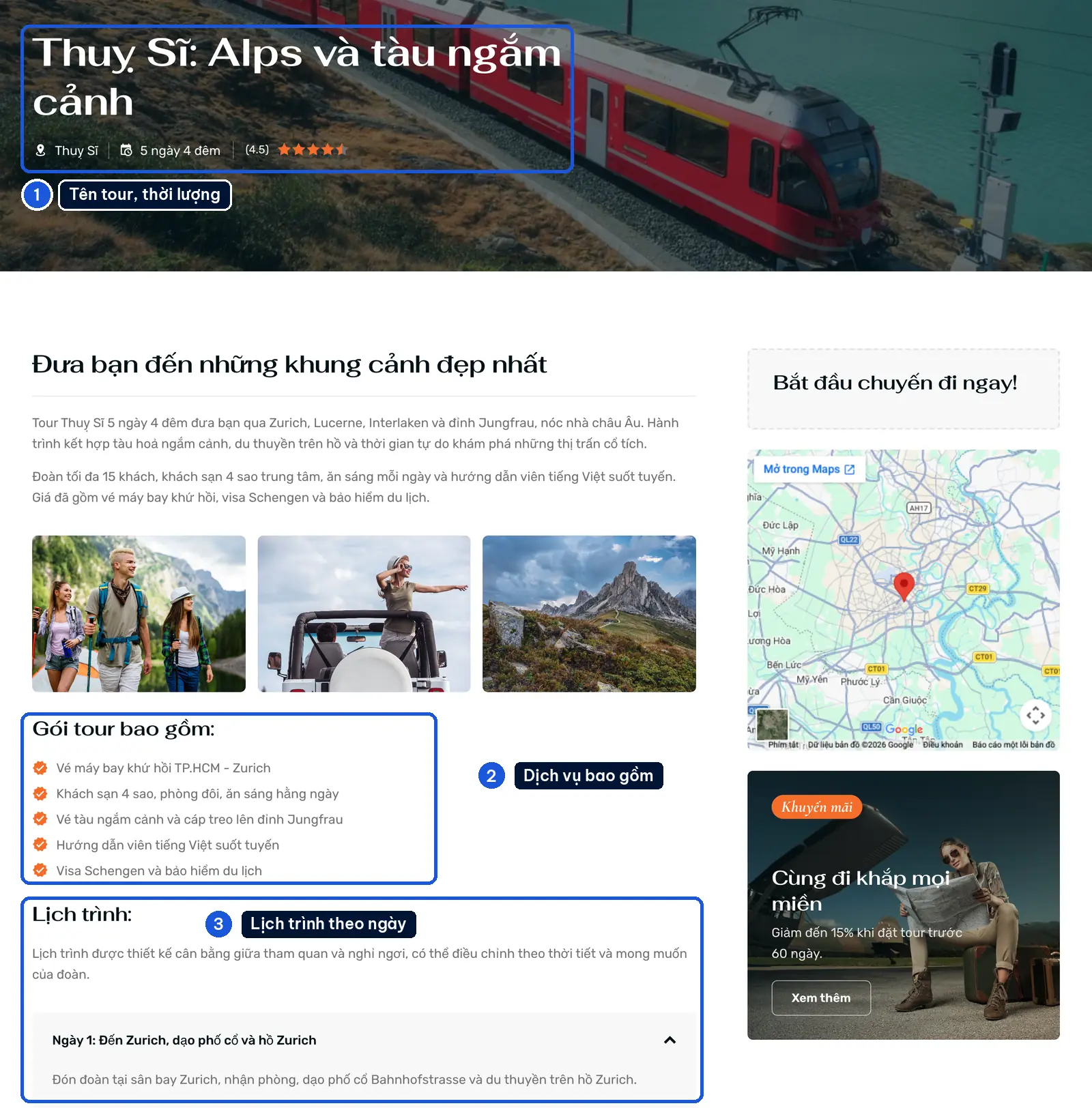 Trang chi tiết tour trên mẫu Triptrave có tên tour, thời lượng, dịch vụ bao gồm và lịch trình