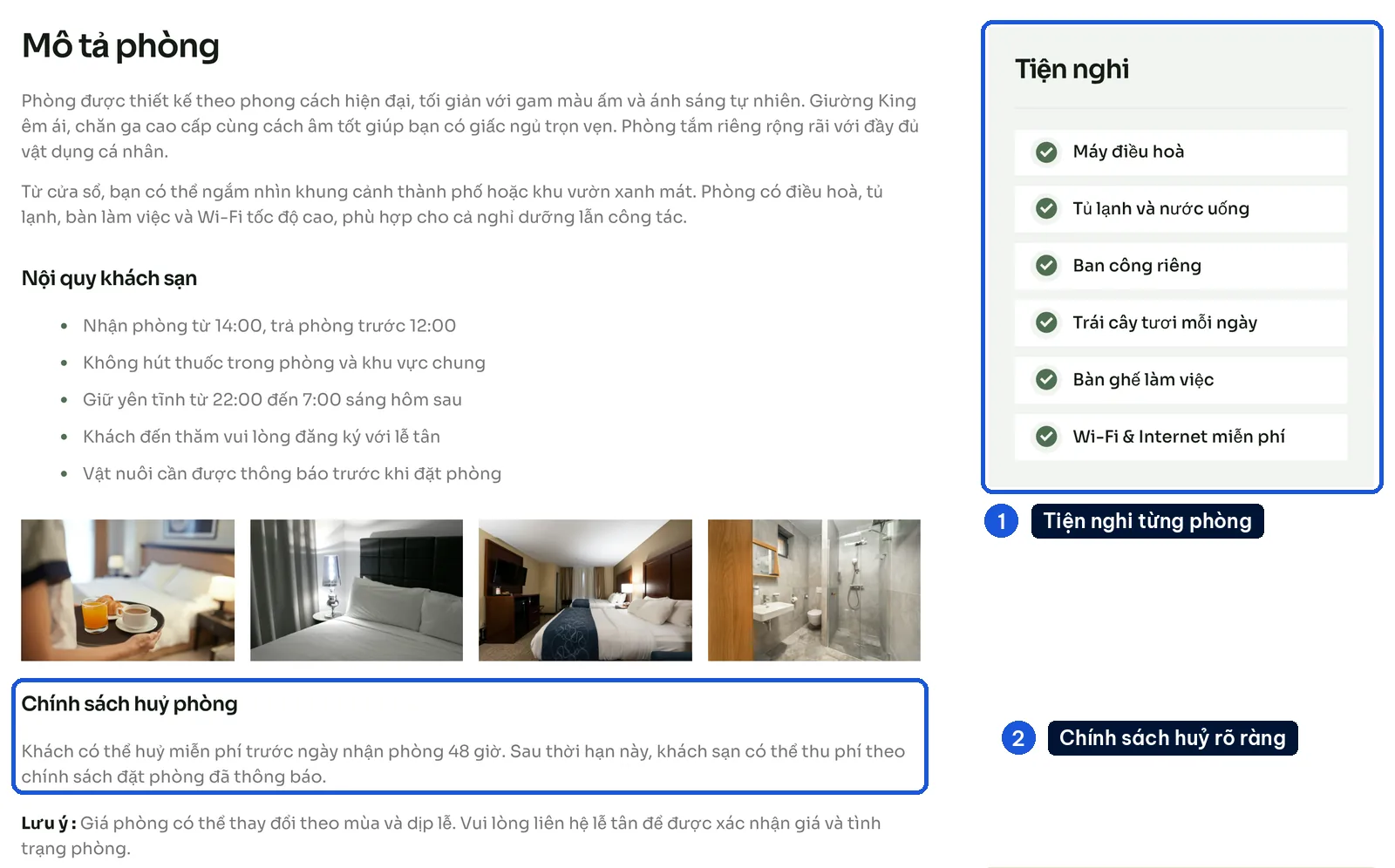 A Havenbliss room page with the room photo, amenities and cancellation policy