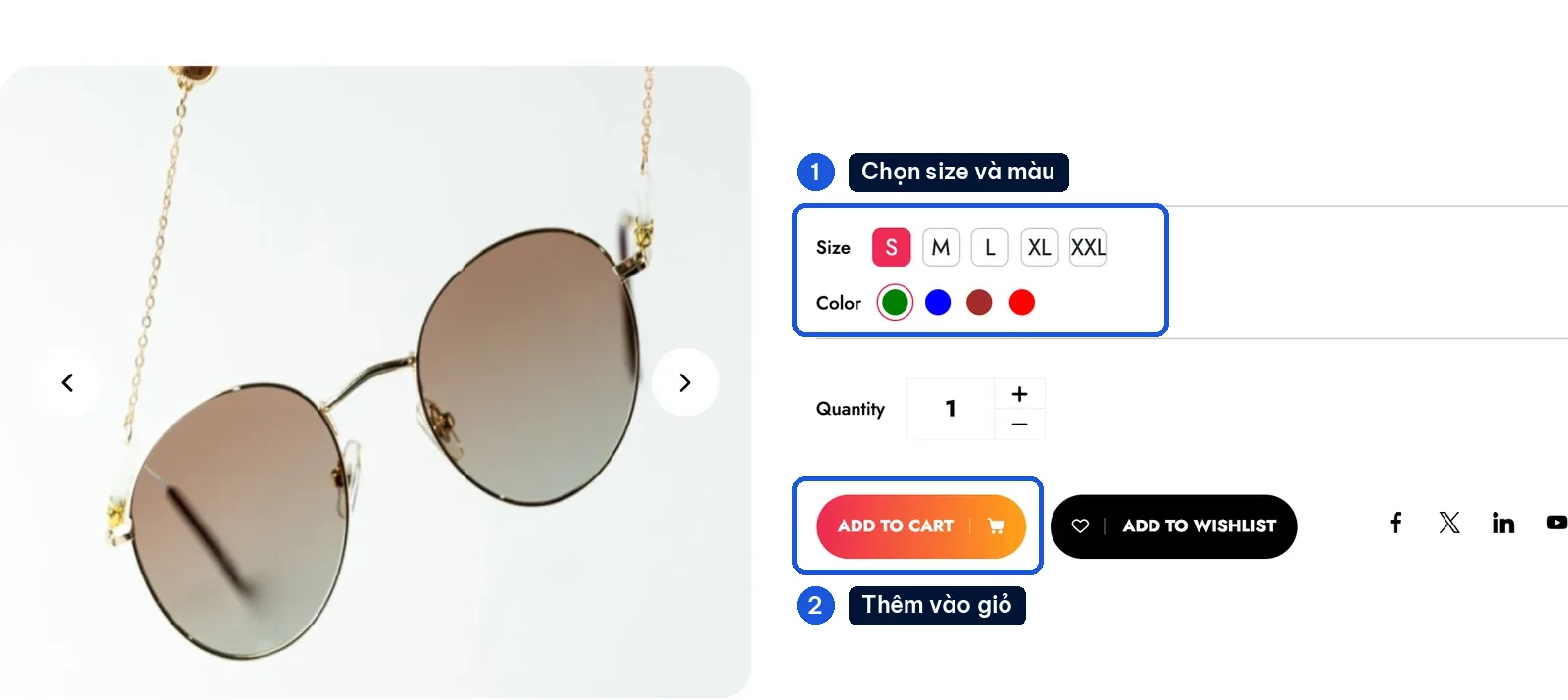 Trang chi tiết sản phẩm mẫu Glamics với ô chọn size, màu và nút thêm vào giỏ