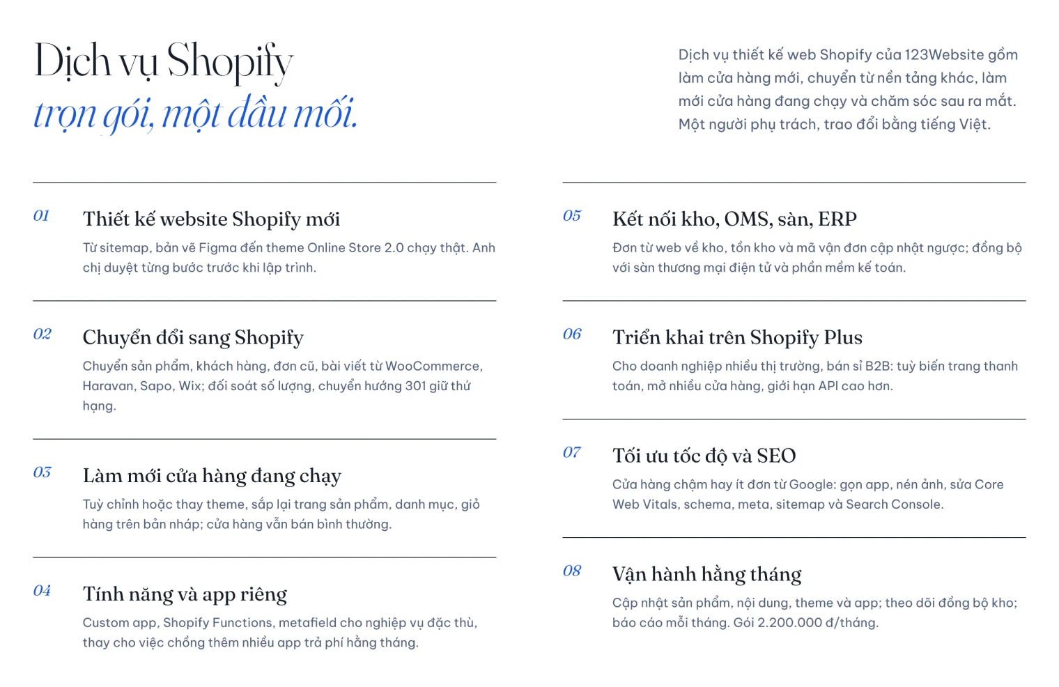 Dịch vụ chuyển đổi sang Shopify trong danh sách dịch vụ Shopify của 123Website