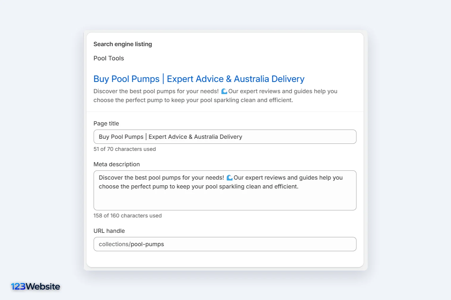 Phần Search engine listing của Shopify gồm tiêu đề, mô tả và URL handle