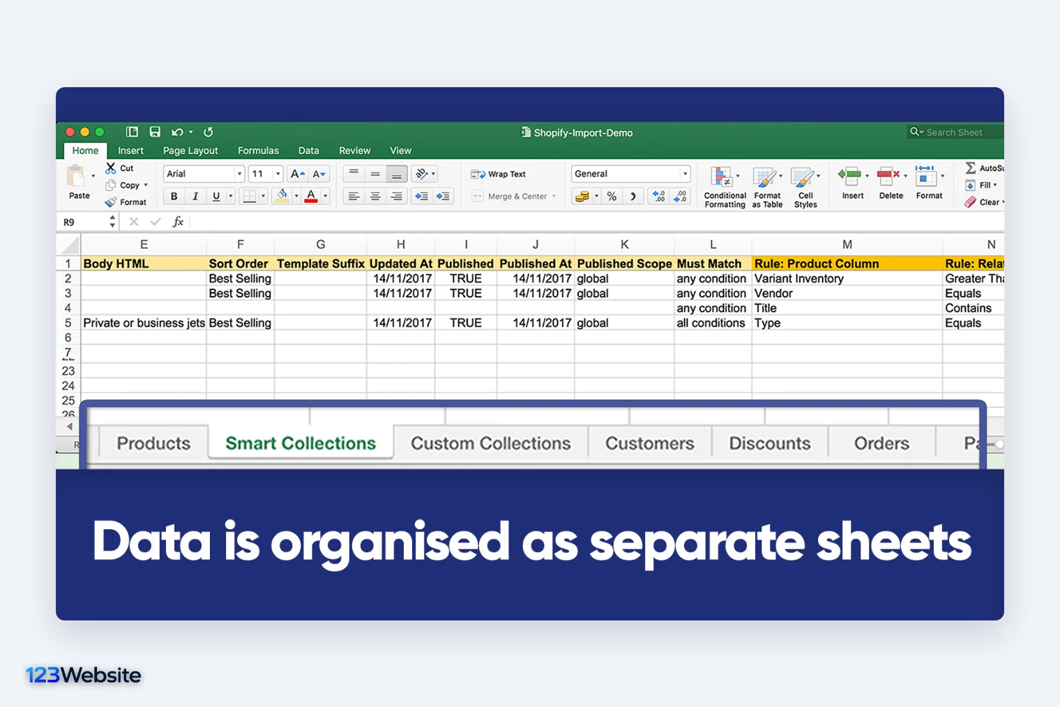 Matrixify xuất dữ liệu Shopify ra Excel, mỗi loại dữ liệu một trang tính