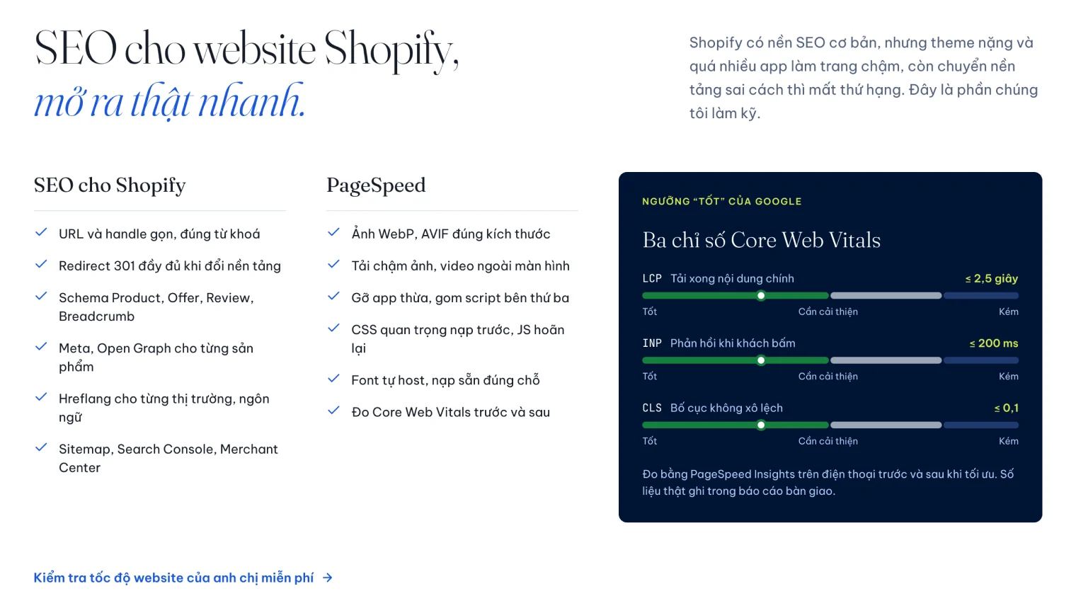 Danh sách việc SEO cho website Shopify và ba chỉ số Core Web Vitals trên trang 123Website