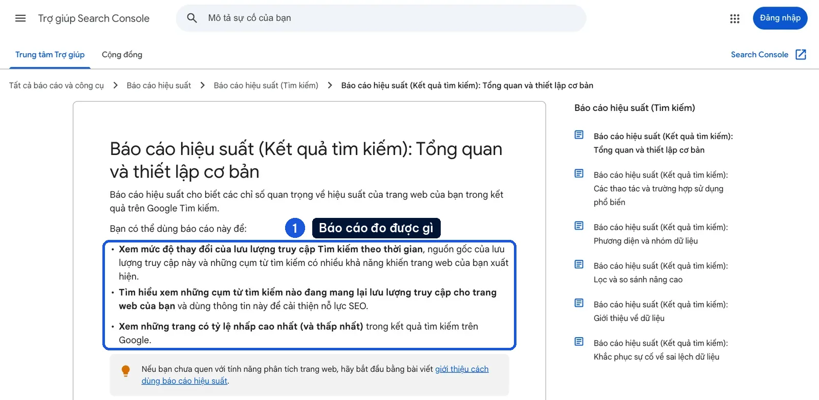 Trang trợ giúp báo cáo hiệu suất của Google Search Console